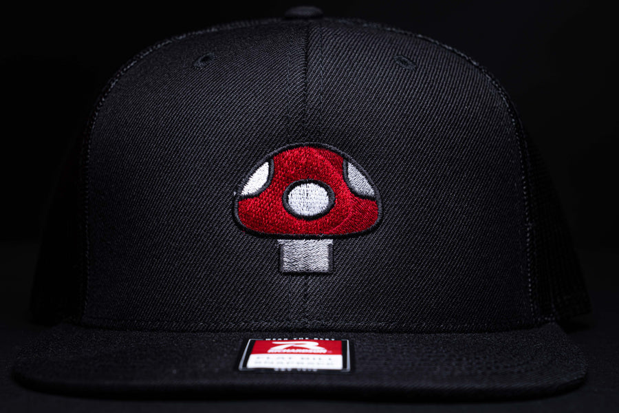 Mushroom Hat (Red) - Black Flatbill Trucker Hat