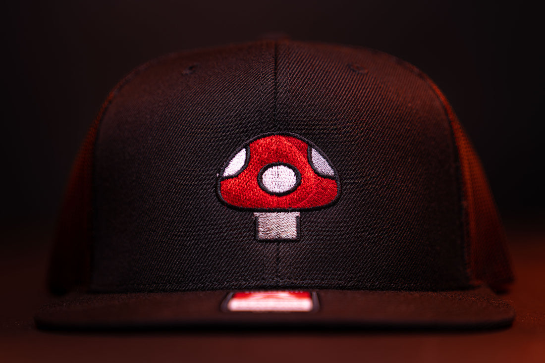 Mushroom Hat (Red) - Black Flatbill Trucker Hat