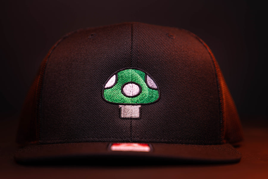 Mushroom Hat (Green) - Black Flatbill Trucker Hat