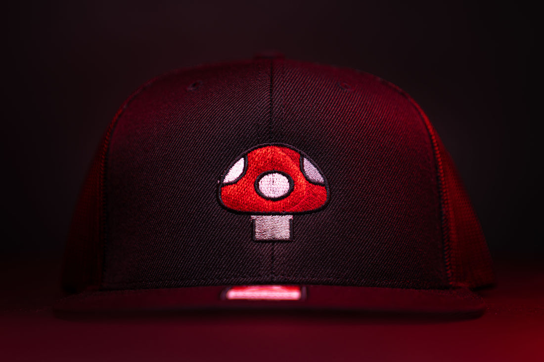 Mushroom Hat (Red) - Black Flatbill Trucker Hat