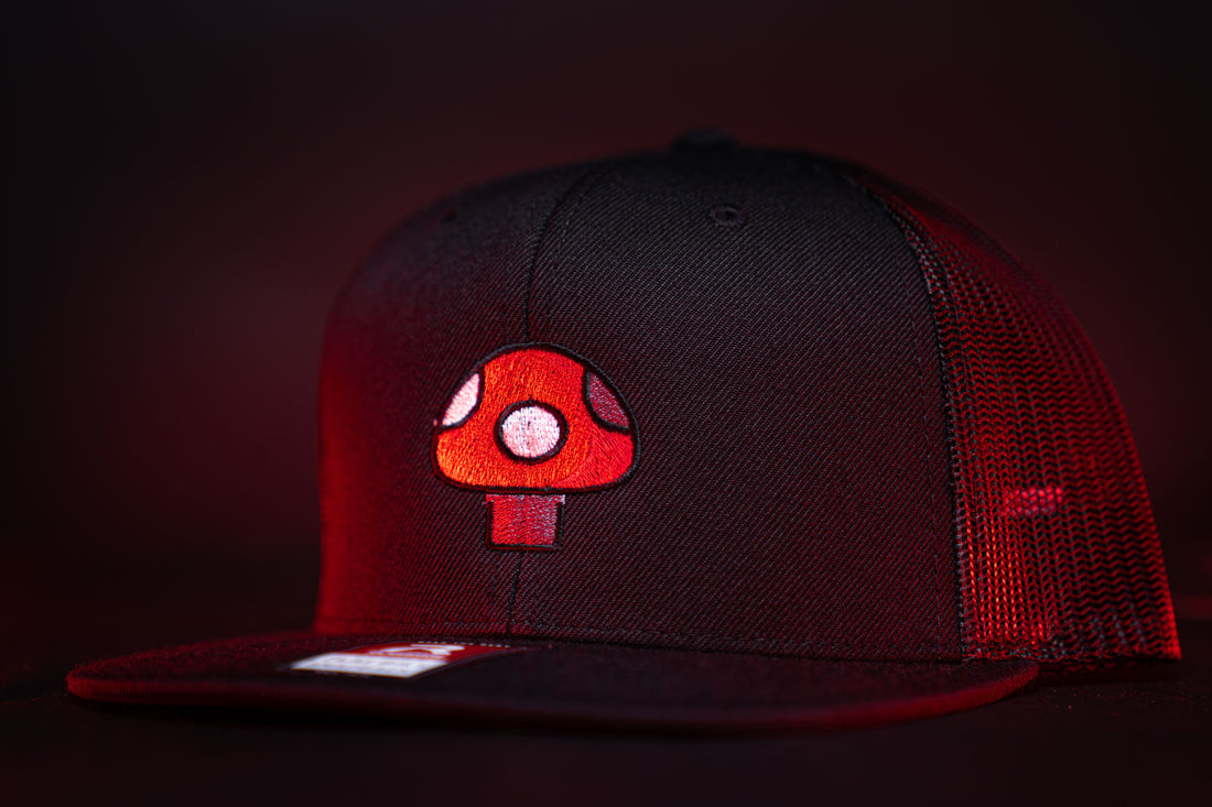 Mushroom Hat (Red) - Black Flatbill Trucker Hat