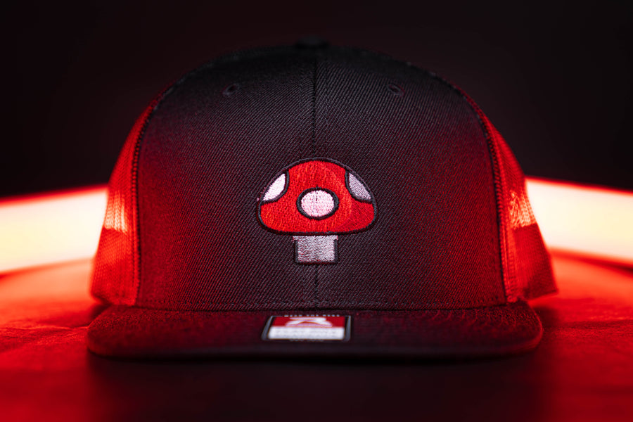 Mushroom Hat (Red) - Black Flatbill Trucker Hat