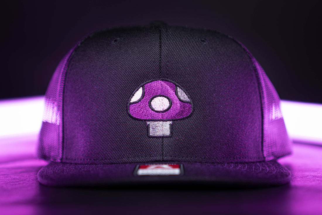 Mushroom Hat (Purple) - Black Flatbill Trucker Hat