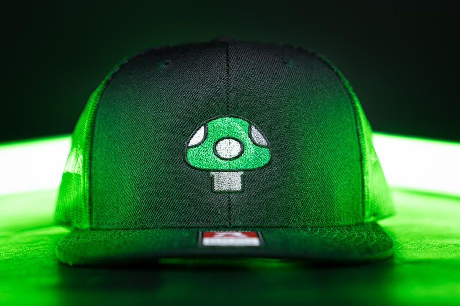 Mushroom Hat (Green) - Black Flatbill Trucker Hat