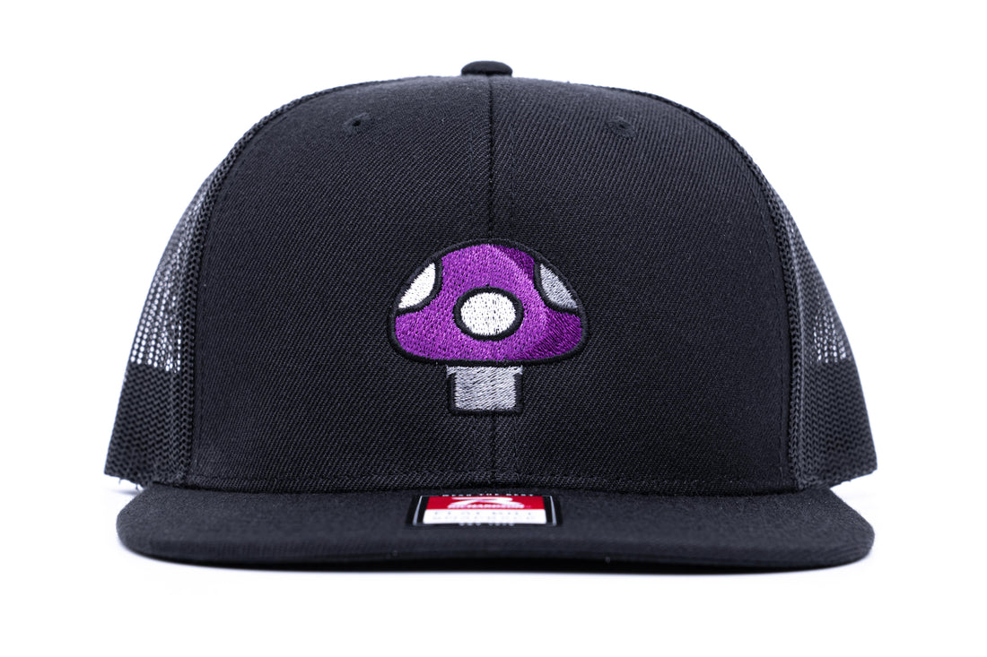 Mushroom Hat (Purple) - Black Flatbill Trucker Hat