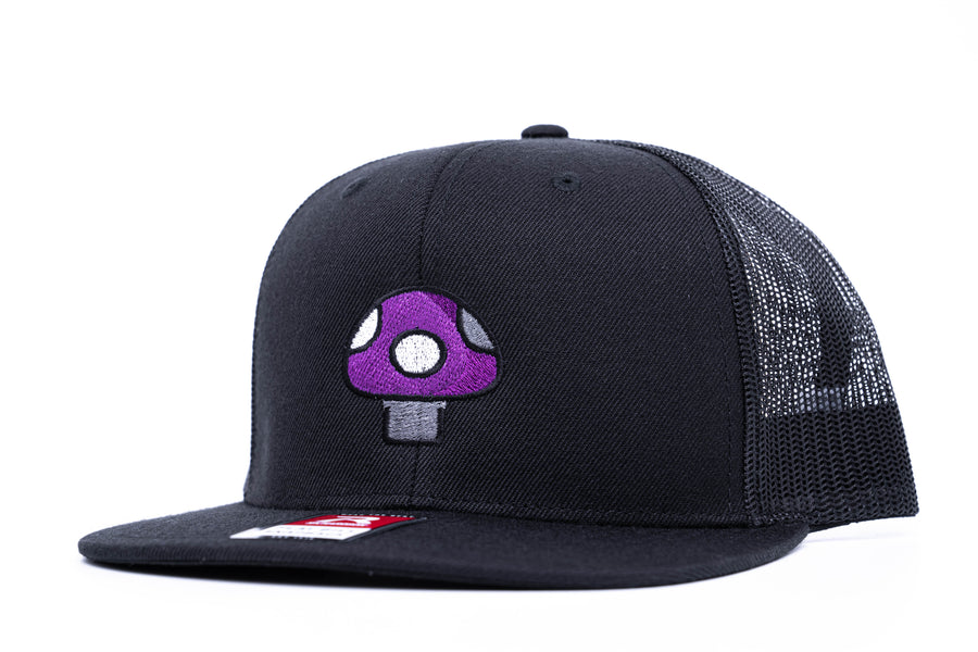 Mushroom Hat (Purple) - Black Flatbill Trucker Hat