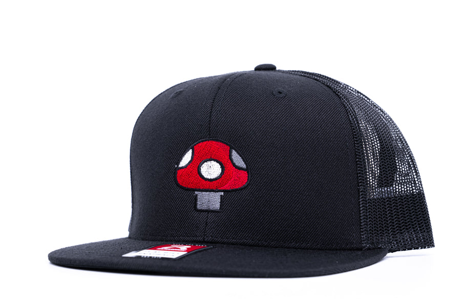 Mushroom Hat (Red) - Black Flatbill Trucker Hat