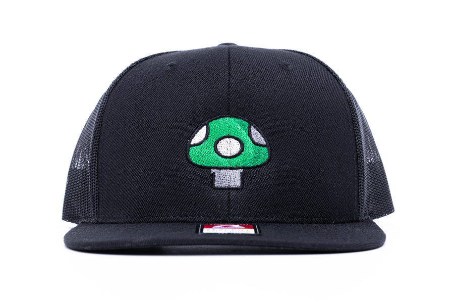 Mushroom Hat (Green) - Black Flatbill Trucker Hat