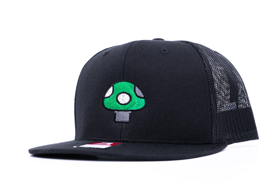 Mushroom Hat (Green) - Black Flatbill Trucker Hat